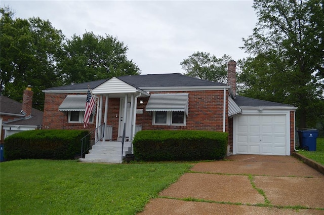 3520 Wismer Rd, Breckenridge Hills, MO 63074 - view of front of property with brick siding, a chimney, a front yard, a garage, and driveway