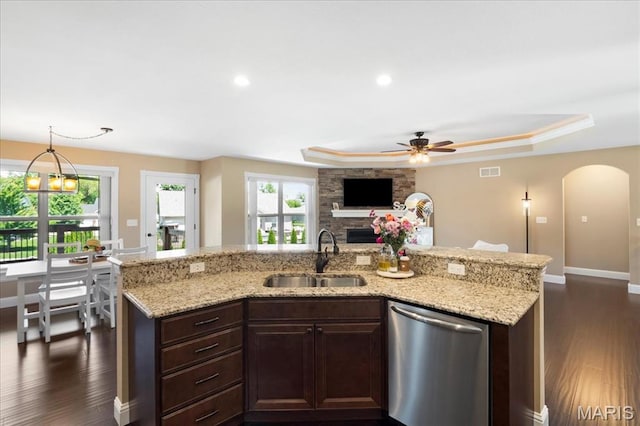 8743 Cardinal Creek Dr, Saint Jacob, IL 62281 - kitchen with a sink, stainless steel dishwasher, a tray ceiling, open floor plan, and dark wood-type flooring