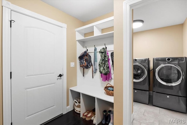 8743 Cardinal Creek Dr, Saint Jacob, IL 62281 - mudroom featuring washer and dryer, tile patterned floors, and baseboards