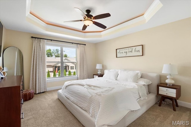 8743 Cardinal Creek Dr, Saint Jacob, IL 62281 - bedroom with light colored carpet, a raised ceiling, ornamental molding, a ceiling fan, and baseboards