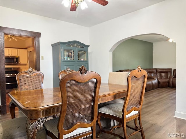 1106 Raab Ave, Belleville, IL 62220 - dining room featuring a ceiling fan, arched walkways, and wood finished floors