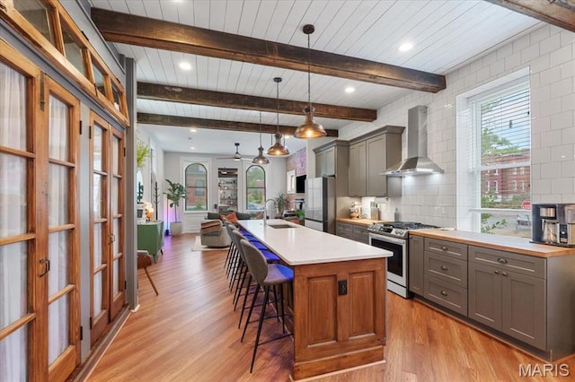 2000 Withnell Ave, Saint Louis, MO 63118 - kitchen with appliances with stainless steel finishes, gray cabinetry, wall chimney range hood, light wood-style flooring, and recessed lighting