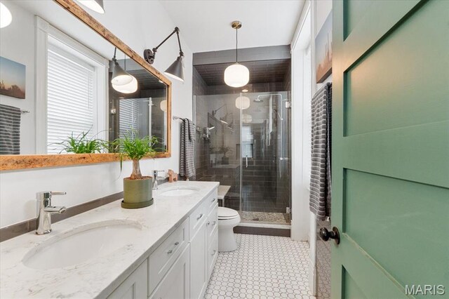 2000 Withnell Ave, Saint Louis, MO 63118 - bathroom with double vanity, a shower stall, and toilet
