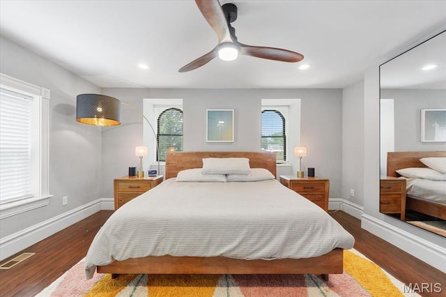2000 Withnell Ave, Saint Louis, MO 63118 - bedroom featuring baseboards, dark wood finished floors, recessed lighting, and a ceiling fan