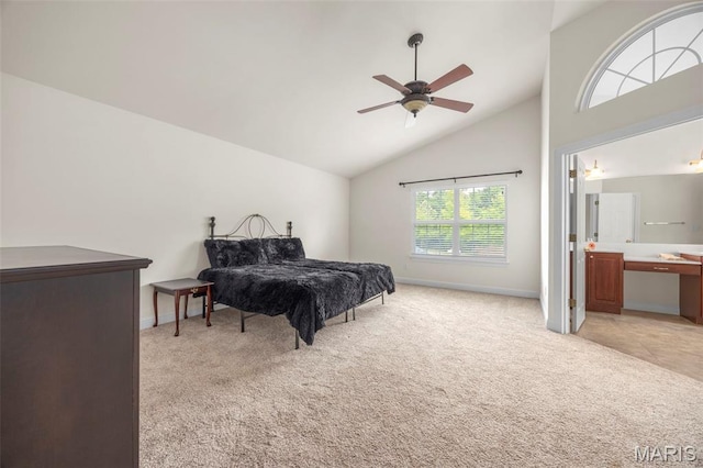 102 Riparian Dr, Ofallon, MO 63368 - bedroom with light colored carpet, baseboards, connected bathroom, high vaulted ceiling, and a ceiling fan