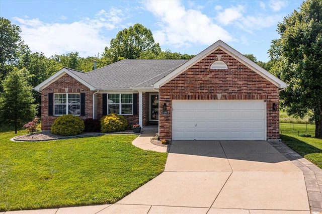 1456 Red Oak Plantation Dr, Ballwin, MO 63021 - ranch-style house with brick siding, concrete driveway, a front lawn, and a garage