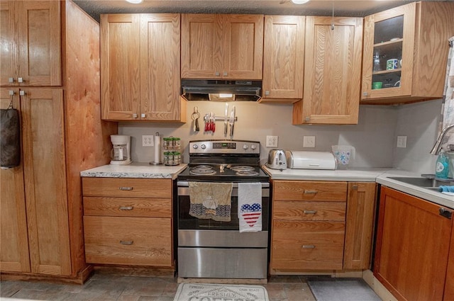 606 N Charles Ave, St James, MO 65559 - kitchen with electric stove, under cabinet range hood, a sink, light countertops, and glass insert cabinets