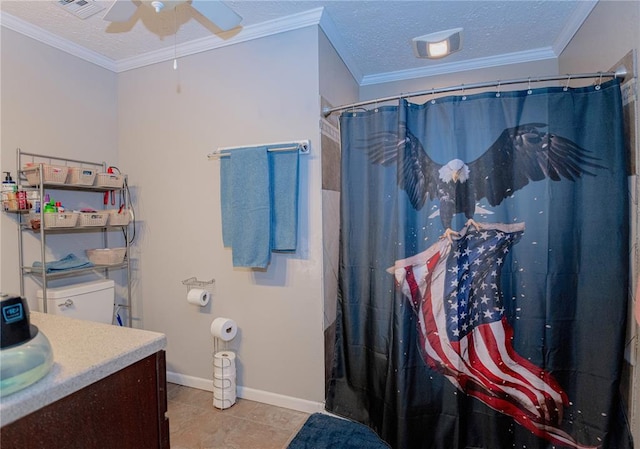 606 N Charles Ave, St James, MO 65559 - full bath with ceiling fan, vanity, tile patterned floors, crown molding, and a shower with curtain