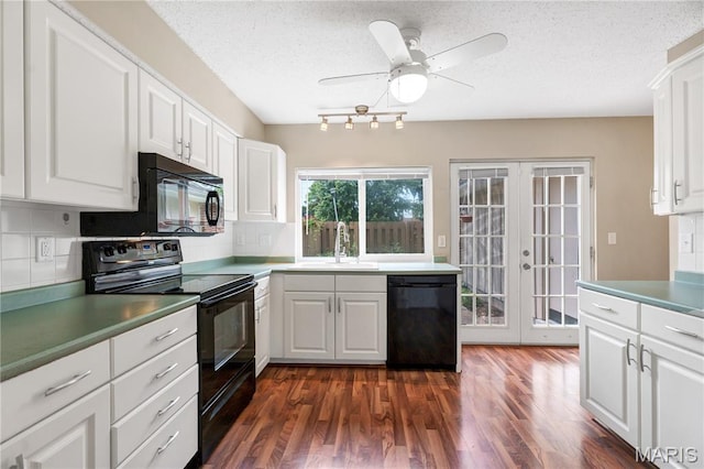 13489 Beaulac Dr, Chesterfield, MO 63141 - kitchen featuring black appliances, french doors, tasteful backsplash, dark wood-style flooring, and a textured ceiling