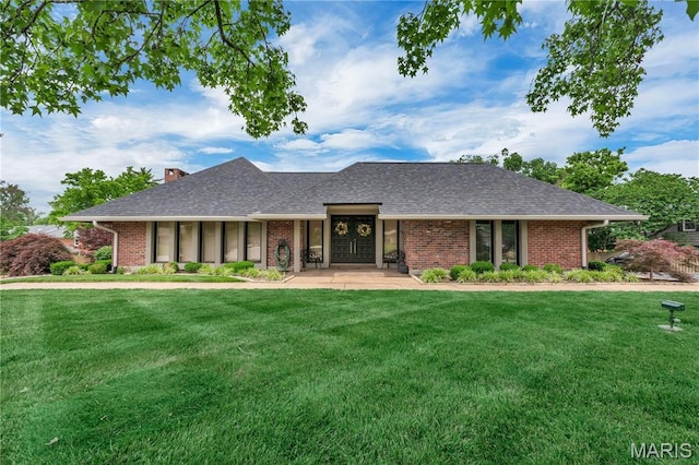 13489 Beaulac Dr, Chesterfield, MO 63141 - view of front facade featuring brick siding, a front yard, a shingled roof, and a chimney