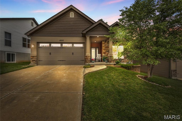 1930 Masters Dr, Festus, MO 63028 - craftsman house featuring concrete driveway, a front lawn, an attached garage, and stone siding