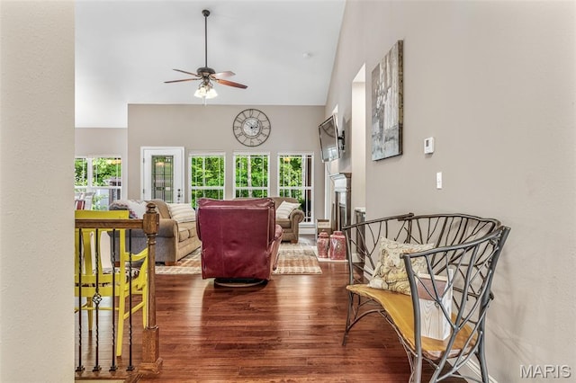 1930 Masters Dr, Festus, MO 63028 - living area with wood finished floors, high vaulted ceiling, ceiling fan, and healthy amount of natural light
