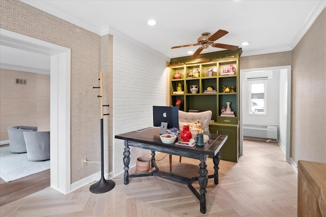 8033 Seminole Dr, Clayton, MO 63105 - office featuring radiator heating unit, ornamental molding, baseboards, ceiling fan, and recessed lighting