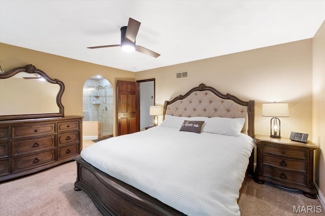 3536 Possum Ridge Dr, Imperial, MO 63052 - bedroom featuring light colored carpet, ensuite bath, and ceiling fan
