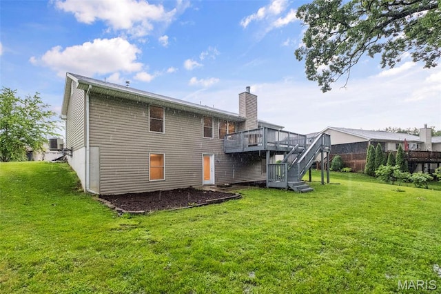30 Citori Ct, Troy, MO 63379 - back of house with stairway, a wooden deck, a lawn, a chimney, and central AC