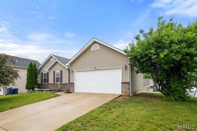 171 Majestic Lakes Blvd, Moscow Mills, MO 63362 - ranch-style house featuring brick siding, an attached garage, driveway, and a front yard