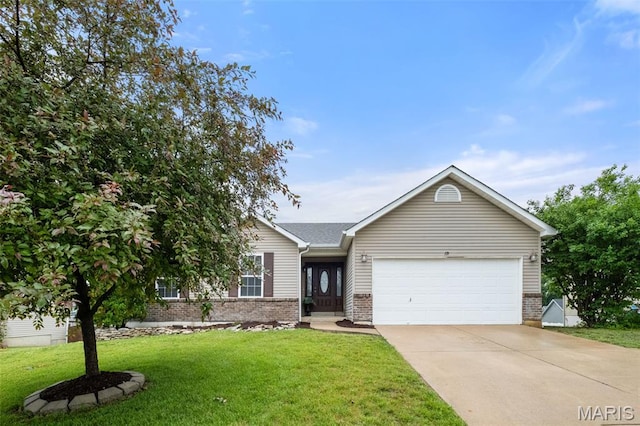 171 Majestic Lakes Blvd, Moscow Mills, MO 63362 - single story home featuring brick siding, an attached garage, concrete driveway, and a front lawn
