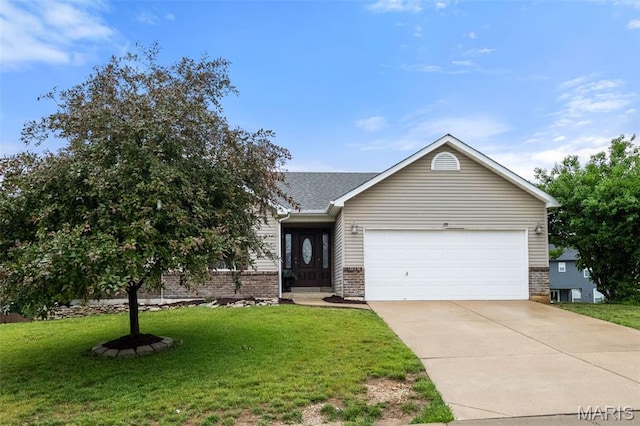 171 Majestic Lakes Blvd, Moscow Mills, MO 63362 - view of front of home with brick siding, an attached garage, a front lawn, concrete driveway, and roof with shingles