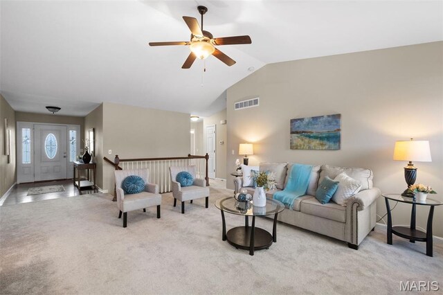 171 Majestic Lakes Blvd, Moscow Mills, MO 63362 - living area with carpet floors, ceiling fan, baseboards, and lofted ceiling