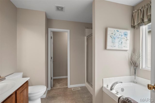 171 Majestic Lakes Blvd, Moscow Mills, MO 63362 - bathroom featuring a stall shower, a garden tub, toilet, vanity, and baseboards