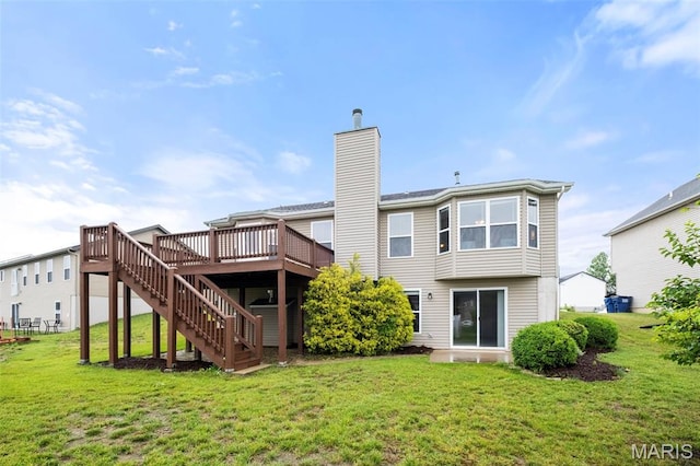 171 Majestic Lakes Blvd, Moscow Mills, MO 63362 - rear view of property featuring a wooden deck, a chimney, stairs, and a lawn