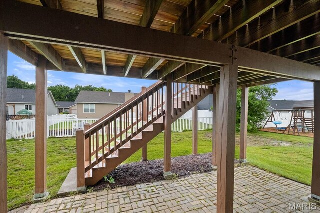 171 Majestic Lakes Blvd, Moscow Mills, MO 63362 - view of patio with stairway, a playground, and a residential view