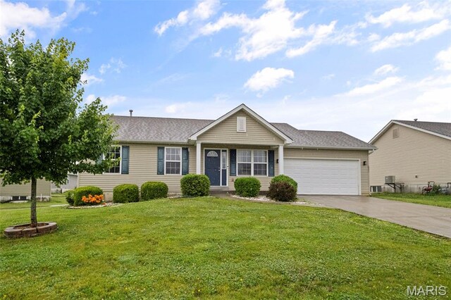 2231 Central Park Dr, Troy, MO 63379 - ranch-style house featuring an attached garage, driveway, a front lawn, and roof with shingles