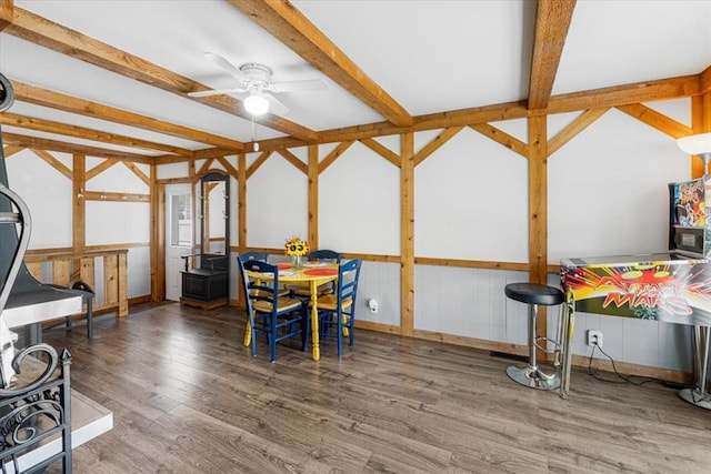 9513 Sequoia Ct, Affton, MO 63123 - dining room with ceiling fan, beam ceiling, wood finished floors, and baseboards