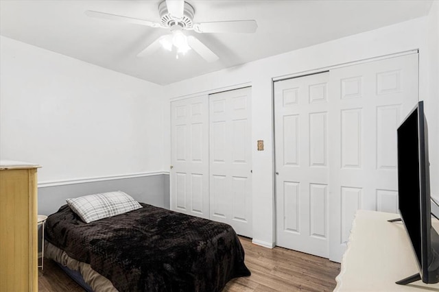 9513 Sequoia Ct, Affton, MO 63123 - bedroom featuring wood finished floors, two closets, and a ceiling fan