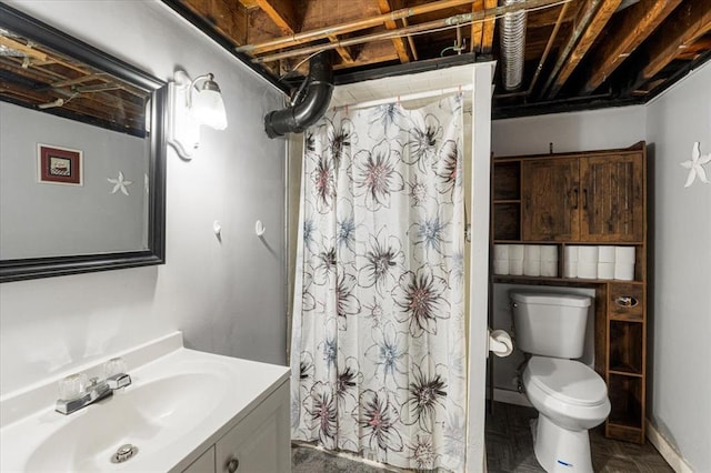 9513 Sequoia Ct, Affton, MO 63123 - bathroom with toilet, vanity, a shower with shower curtain, and baseboards