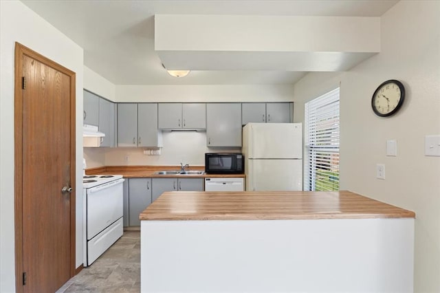 2032 New Sun Dr, Florissant, MO 63031 - kitchen featuring white appliances, a sink, a peninsula, gray cabinetry, and under cabinet range hood