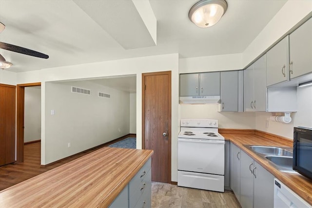 2032 New Sun Dr, Florissant, MO 63031 - kitchen with white appliances, under cabinet range hood, gray cabinets, and wood counters