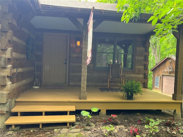 16453 Scenic Ridge Rd, Marthasville, MO 63357 - entrance to property featuring roof with shingles and a deck