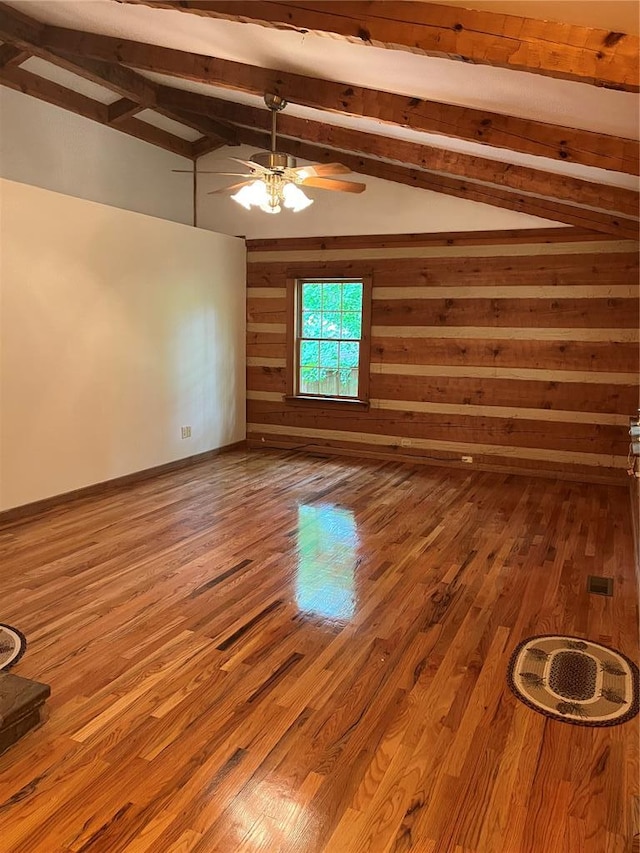16453 Scenic Ridge Rd, Marthasville, MO 63357 - spare room featuring ceiling fan, wood finished floors, and wood walls