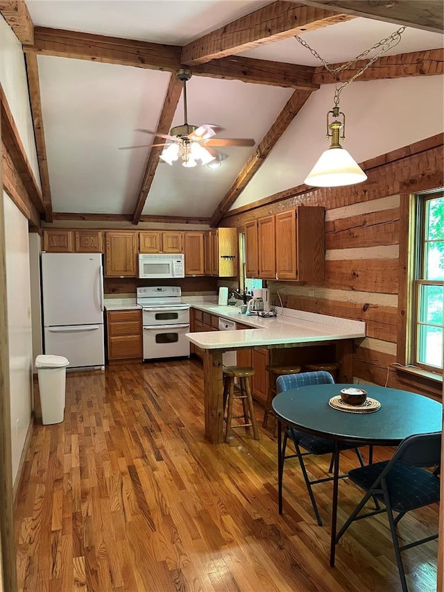 16453 Scenic Ridge Rd, Marthasville, MO 63357 - kitchen with white appliances, a peninsula, light countertops, brown cabinetry, and ceiling fan