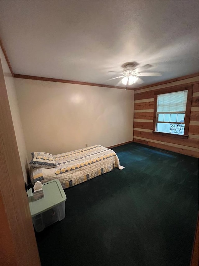 16453 Scenic Ridge Rd, Marthasville, MO 63357 - bedroom featuring dark colored carpet, baseboards, ornamental molding, and a ceiling fan
