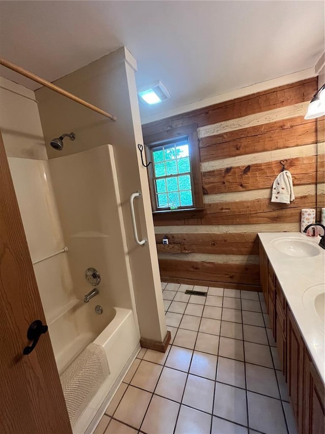 16453 Scenic Ridge Rd, Marthasville, MO 63357 - bathroom featuring wood walls, tile patterned floors, double vanity, and shower / bathtub combination