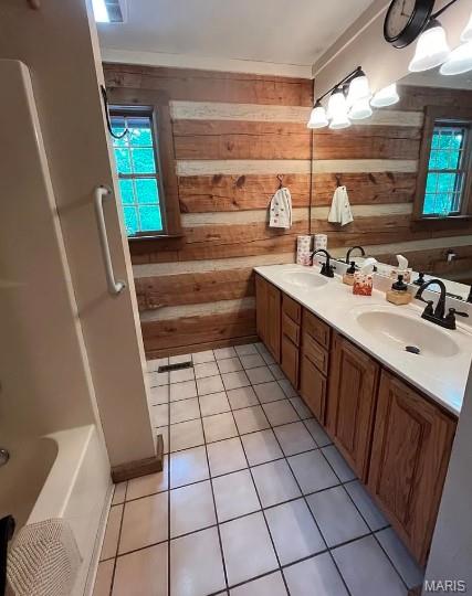 16453 Scenic Ridge Rd, Marthasville, MO 63357 - full bath featuring wooden walls, double vanity, and tile patterned floors