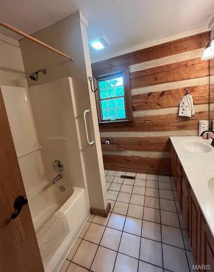 16453 Scenic Ridge Rd, Marthasville, MO 63357 - bathroom featuring wood walls, bathing tub / shower combination, double vanity, and tile patterned floors