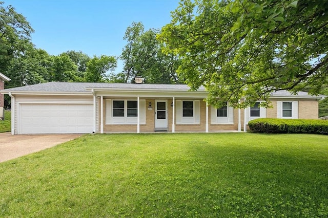 13105 Dartagnan Ct, Creve Coeur, MO 63141 - single story home featuring a front lawn, an attached garage, driveway, a porch, and brick siding