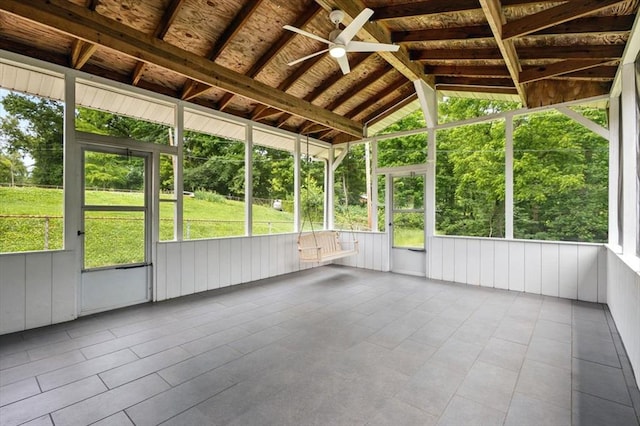 13105 Dartagnan Ct, Creve Coeur, MO 63141 - unfurnished sunroom featuring ceiling fan and vaulted ceiling