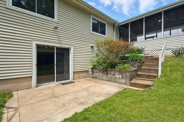 13105 Dartagnan Ct, Creve Coeur, MO 63141 - back of property featuring a patio area, stairs, and a lawn