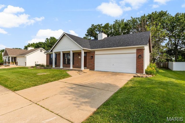 1350 Apple Valley Dr, Ofallon, MO 63366 - view of front of property featuring brick siding, a garage, driveway, covered porch, and a chimney