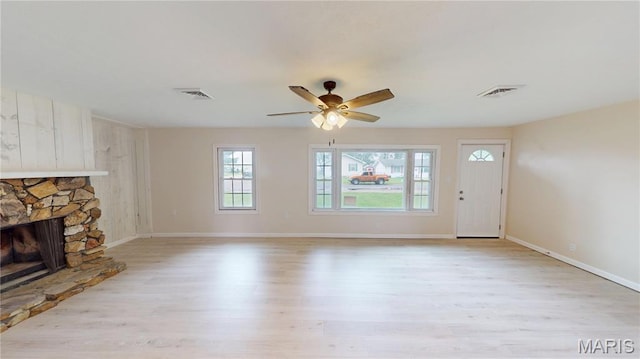 1350 Norwood Dr, Granite City, IL 62040 - unfurnished living room featuring light wood-style floors, a fireplace, and ceiling fan