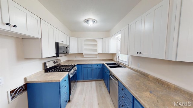 1350 Norwood Dr, Granite City, IL 62040 - kitchen with blue cabinets, stainless steel appliances, white cabinets, and light wood-style flooring