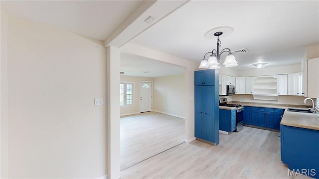 1350 Norwood Dr, Granite City, IL 62040 - kitchen featuring stainless steel appliances, blue cabinets, light wood finished floors, and light countertops