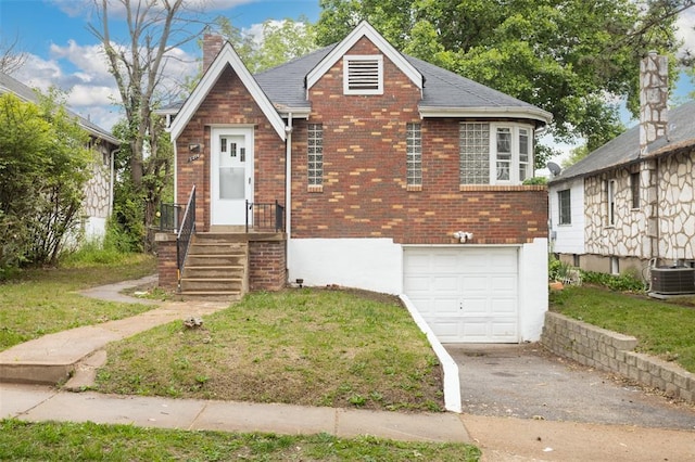 3210 Capehart Dr, Saint Louis, MO 63121 - view of front facade featuring brick siding, concrete driveway, central AC unit, an attached garage, and a chimney