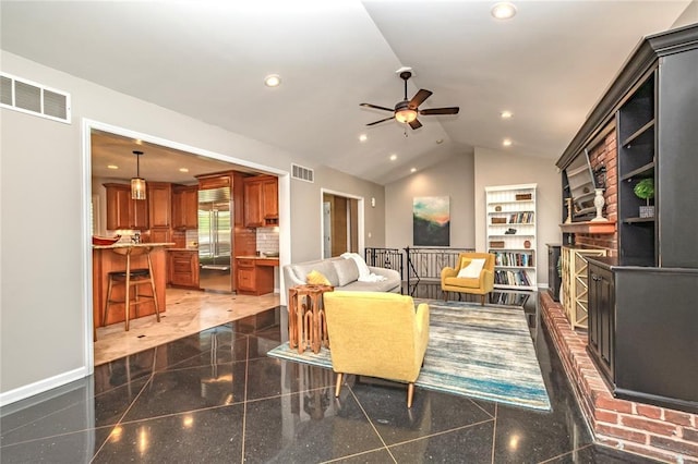 23 Vouga Ln, Frontenac, MO 63131 - living room with ceiling fan, vaulted ceiling, recessed lighting, granite floors, and baseboards