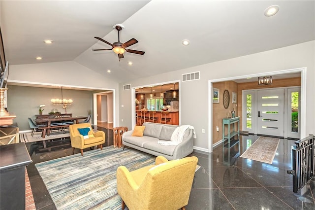 23 Vouga Ln, Frontenac, MO 63131 - living room featuring baseboards, a chandelier, lofted ceiling, ceiling fan, and recessed lighting