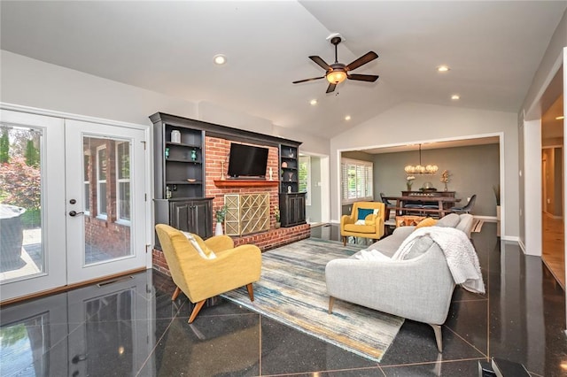 23 Vouga Ln, Frontenac, MO 63131 - living area with french doors, vaulted ceiling, recessed lighting, a chandelier, and ceiling fan